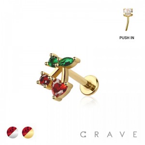 CZ CHERRY TOP 316L SURGICAL STEEL THREADLESS (PUSH IN ) LABRET SET